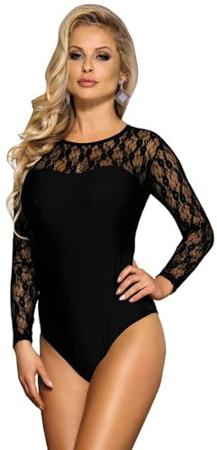 comeondear Women's Bodysuits Elegant Lace Black Bodysuit Mesh Long Sleeve Leotard Ladies Going Out Tops Bodysuit Jumpsuit Clubwear Top