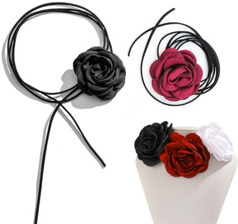 Blumen Choker Halskette, 2 Pcs Elegant Rosen-Choker Blumen Halskette Choker Halsband Blumen Gothic Stoff-Blumen-Halsketten für Frauen Mädchen Braut Hochzeit Party Geburtstag (Schwarz Rot)
