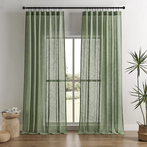 Joydeco Lot de 2 Panneaux de Rideaux Semi-Transparents en Lin Vert Olive pour Salon – 183 cm de Long – Rideaux Longs plissés en pincement – 132,1 x 182,9 cm (l x L), Loden