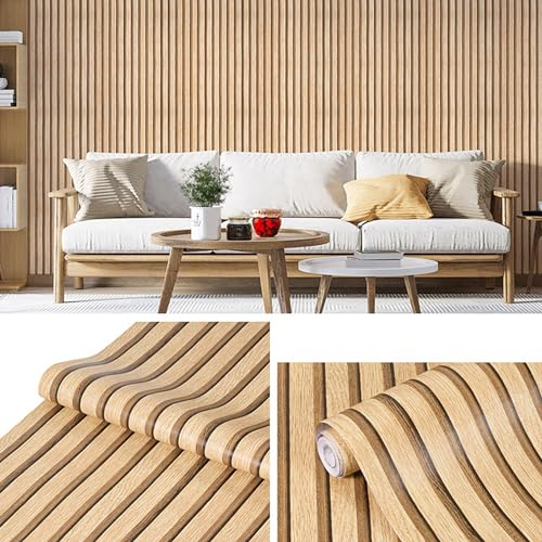 GDWD Selbstklebend Tapete Holzoptik, Holzwand 3D Effekt Holzpaneele, 45CMx10M Wohnzimmer Schlafzimmer Holztapete, Modern Wasserdicht Lamellenwand Naturholz Klebefolie für Möbel Paneele Lamellen (B)