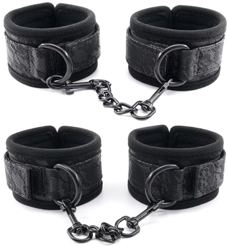 Damen and Männer Gepolsterte Leder Bondage Handschellen und Fußfesseln Set, BDSM Fesseln Sex Handgelenk und Fußfesseln Set, Leder Sexspielzeug SM Handschellen für Bondage Fesseln (Schwarz-1)