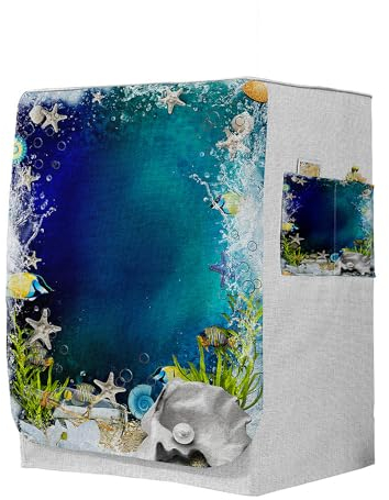 Highdi 3D Funda de Lavadora Cubierta, Secadoras de Carga Frontal Protector Exterior Cubierta a Prueba de Polvo (Capacidad M 8~10kg,Peces de Aguas Profundas 2)