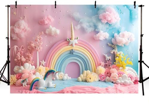 MEHOFOND Fondo de fotografía de cumpleaños de unicornio de 2,1 x 1,5 m, nubes, arco iris, pony, flor, estrella, lunares, fondo de baby shower, pastel, decoración de fiesta de cumpleaños infantil,