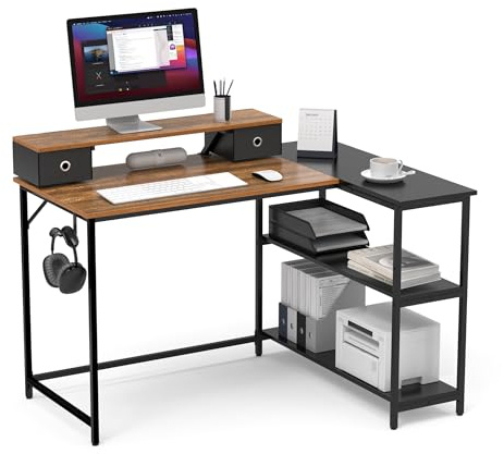 Mondeer Eckschreibtisch,Computertisch mit Monitorständer,Braun und Schwarz | Einzimmerwohnung,Platzsparender,Bürotisch mit 2 Schubladen ,Ausreichend Stauraum,Büro,Arbeitszimmer,Wohnzimmer,120x90x90cm