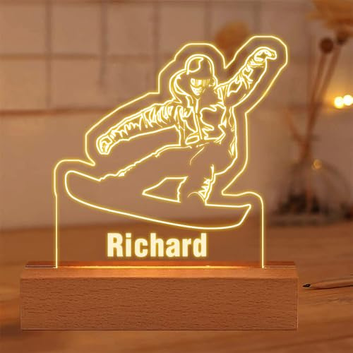 MYZQIFF Personalisierte Snowboard-Spieler-3D-Illusionslampe für Jungen, LED-Nachtlicht mit Snowboardfahrer und individuellem Namen, Weihnachts- und Geburtstagsgeschenke zum Snowboarden