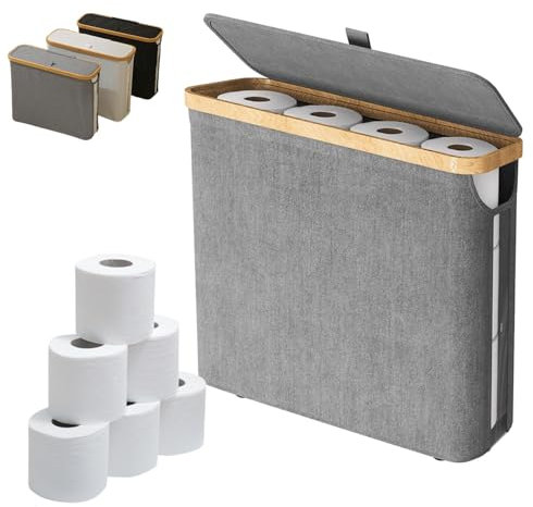 Toilet Paper Storage Basket,Toilet Roll Storage Basket with Lid,Bamboo Toilet Roll Basket Holder Organiser,Toilet Roll Storage Box,Free Standing Toilet Paper Container with Storage(Grey)