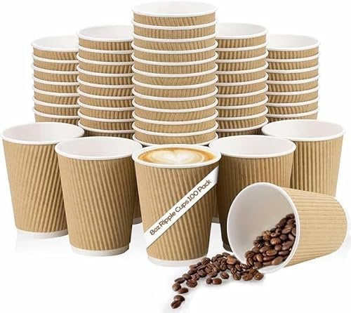 100 x 8oz Ounce Kraft Ripple 3 Ply Disposable Insulated Paper Cups for Tea Coffee Cappuccino Hot Drinks, Brown No Lids Ideal for Takeaways