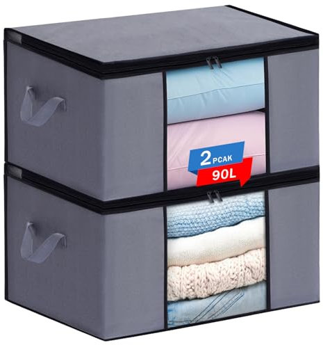 JAECU 2 Pezzi 90L Scatole per Vestiti Salvaspazio, Scatola per Armadio Pieghevole Porta Abiti con Manico Rinforzato, per Coperte Biancheria da Letto, 60x43x35cm