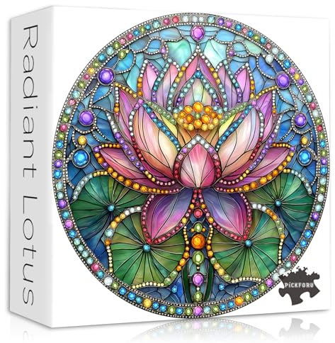 PICKFORU Stained Glass Lotus Flower Puzzle for Adults 1000 Pieces, Round Beautiful Gems Jewel Floral, Colorful Mosaic Flower Jigsaw Puzzles Pretty, Difficult Hard Challenging for Adults