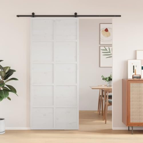 Puerta de granero blanca 90 x 208 cm de madera de pino maciza, resistente y duradera para interiores y exteriores, perfecta para interiores rústicos