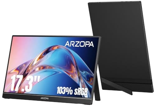 ARZOPA Monitor Portatile 17,3 Pollici con Schermo 1920x1080 FHD IPS 300 cd/m² 103% sRGB, HDMI/Type-C/USB-C, Doppio Altoparlante per Laptop/PC/Mac/PS5/Xbox - A1M
