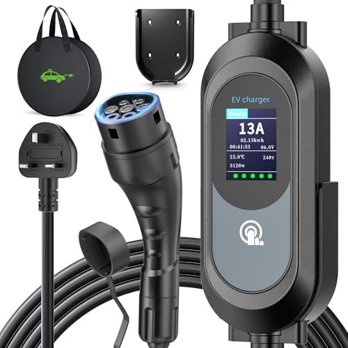 EV Charger Cable Type 2 to 3 Pin Plug 10M/32.81Ft, Max 3.1kW [6-13A] Electric Car Charger, Portable Car Type 2 Charging Cable 3 Pin with 2.4″ LED Screen, 12H Timing Delay, IP67/IP65 for EVs & PHEVs