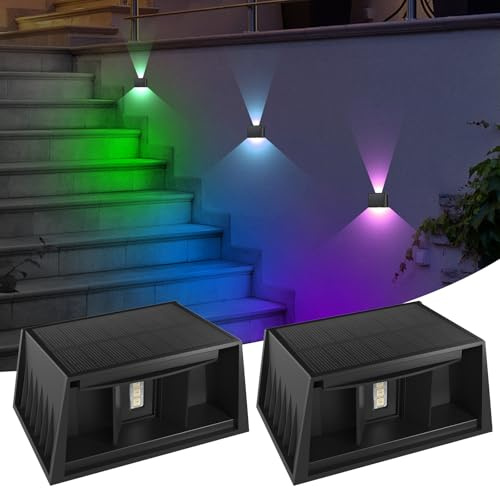 T-SUN Lampe Solaire Murale Exterieur RVB, Applique Solaire Extérieur IP65 Étanche, RGB Applique Murale Exterieur Sans Fil/Haut & Bas Réglable/8 couleurs pour Jardin Piscines Maison Clôture(2 Pièces)
