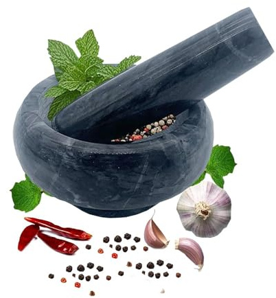 Hibuco Mörser mit Stößel Marmor Ø 9 cm GrauWeiß,Hochwertiger Steinmörser für Gewürze & Kräuter – Rutschfest & robust – Naturstein Küchenhelfer, Ø 9 cm x 5 cm (Schwarz)