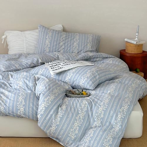 Lanqinglv Bettwäsche 155x220 Blau Weiß Blumen Blätter Wendebettwäsche | ÖKO-TEX Zertifiziert,Mikrofaser Bettwäsche für Allergiker,Aesthetic Bettbezug mit Reißverschluss und 1 Kissenbezug 80x80 cm
