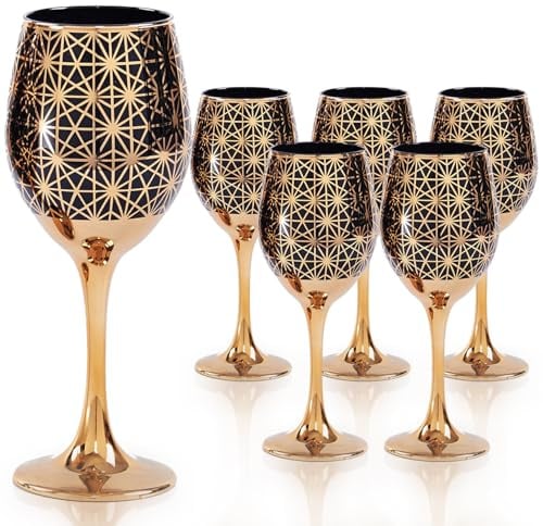 CretFine Weingläser Set (Schwarz/Rot/Blau mit Gold) – Dekorative Becher mit Farbstiel & Rand, 355ml (12oz) – Ideal als Geschenk für Hochzeit, Thanksgiving, Geburtstag, Weihnachten (6, Schwarz, 350ml)