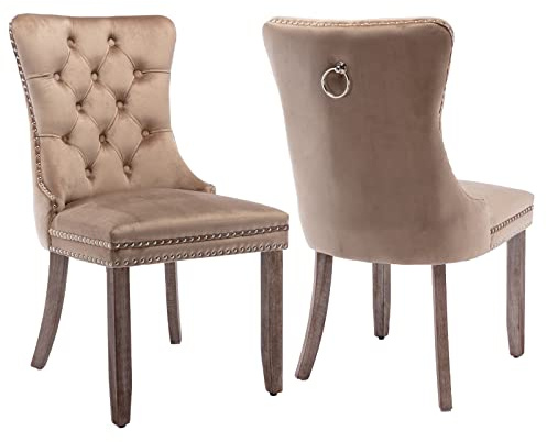 Khaki Samt-Esszimmerstühle 2er Set, moderne gepolsterte Küchenstühle | Massivholzbeine; Flügelrückenlehne mit Knopfheftung; dekorativer Ringgriff; Ziernägel; bequeme Polsterung; einfache Montage
