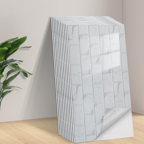 Tarwanear Küchen Fliesenaufkleber, 60x30cm Mosaik Fliesenaufkleber 10Stück Badezimmer Selbstklebende Fliesendekor Aufkleber Backstein zum Küche Esszimmer Bad Fliesenfolie Deko Weiß
