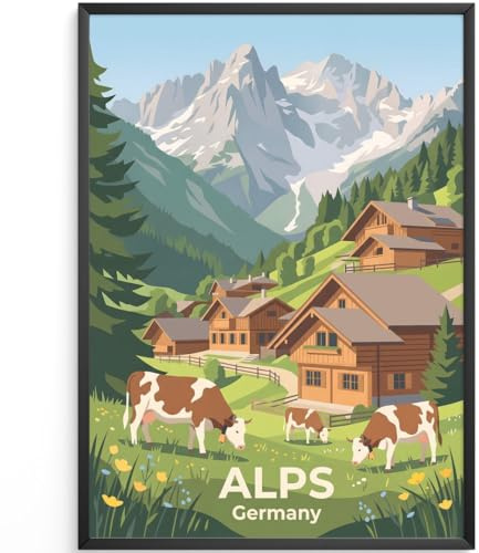 MJ-GRAPHICS® Poster Alpen Dorf Wandbild traditionell Kühe Kunstdruck malerisch Landschaft Deko Natur Bilder grüne Wiesen rustikal Wohnzimmer Wanddeko A3 ohne Rahmen