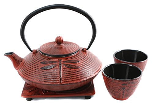 Cuisiland Dragonfly Cast Iron Teapot Set with 2 Cups 27oz Red