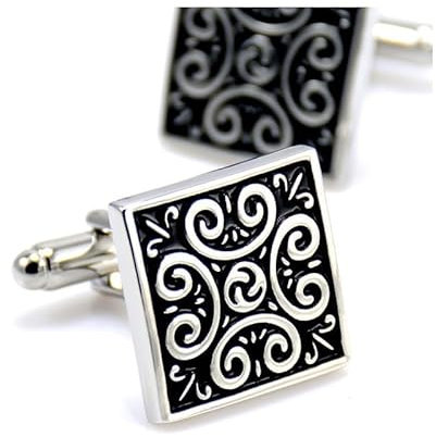 BOBIJOO JEWELRY - Boutons de Manchette Tribal Celte Fleur de Lys Triskel Carré Noir Argenté
