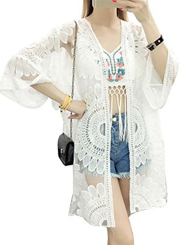 Women¡¯s Lace Crochet Floral Cardigan Pool Beach Dress Bikini Cover Up White