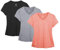 icyzone Women's Workout Running T-Shirt Yoga Fitness V-Neck Short-Sleeve Tops Sports Shirt, 3 Pack (S, Black/Granite/Peach)