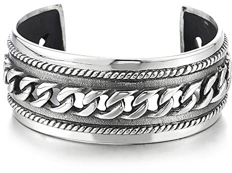 COOLSTEELANDBEYOND Männlich Breiten Herren Damen Armband Armreif aus Edelstahl Farbe Silber mit Panzerkette Ornament