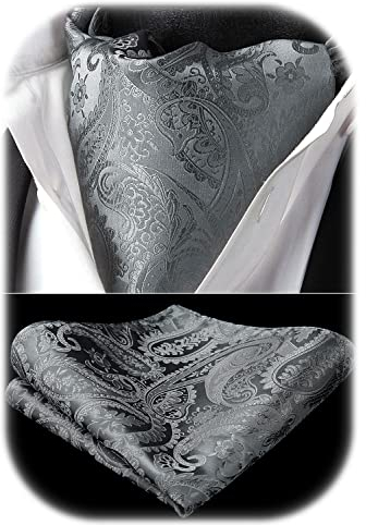 HISDERN Krawattenschal Grau Herren Paisley Hochzeit Ascot Krawatte Taschentuch Business Blumen Halstuch und Einstecktuch Set