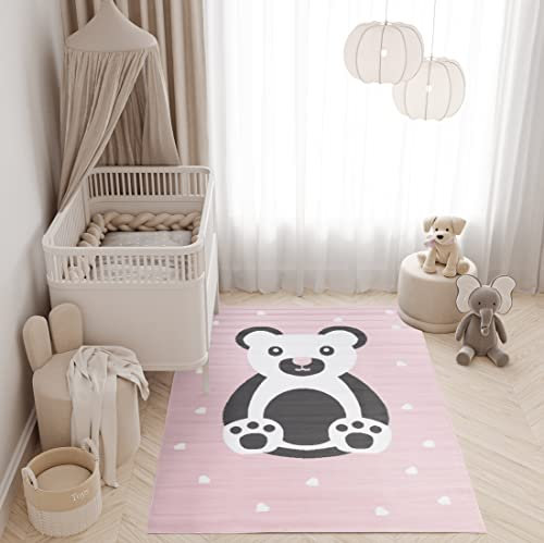 TAPISO Pinky Teppich Kurzflor Rosa Weiß Grau Modern Bär Teddy Herzen Design Kinderzimmer Kinderteppich Spielteppich ÖKOTEX 80 x 150 cm