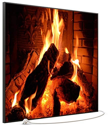 STEINFELD Bild Infrarotheizung 1200 Watt – mit Thermostat | Motiv: 032 Kamin | Rahmen: Schwarz | 7 Jahre Garantie | Made in Germany | für Wand Montage