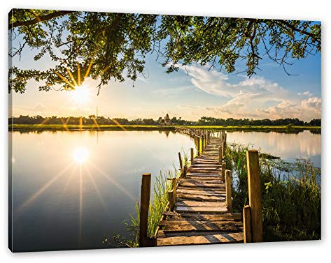 Pixxprint Holzbrücke über Natursee im Sommer, Größe: 100x70cm, Leinwandbild, fertig gespannt, Wandbild, Dekoration, Kunstdruck, kein Poster