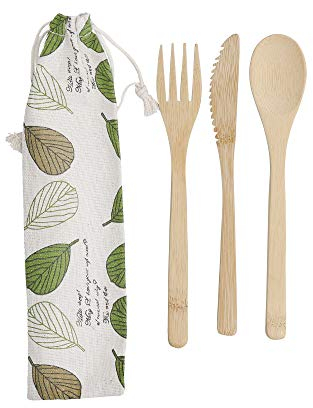 KitchenCraft Natural Elements - Set de Couverts de Voyage en Bambou, Réutilisables et Biodégradables, Couteau / Fourchette / Cuillère avec Pochette en Tissu