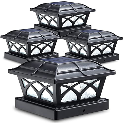 Siedinlar Solar Post Cap Lights Outdoor, 2 Modes Solar Powered Waterproof Fence Deck Light for 4x4 5x5 6x6 Posts Garden Patio Decoration Warm White & Cool White, Black (4 Pack)