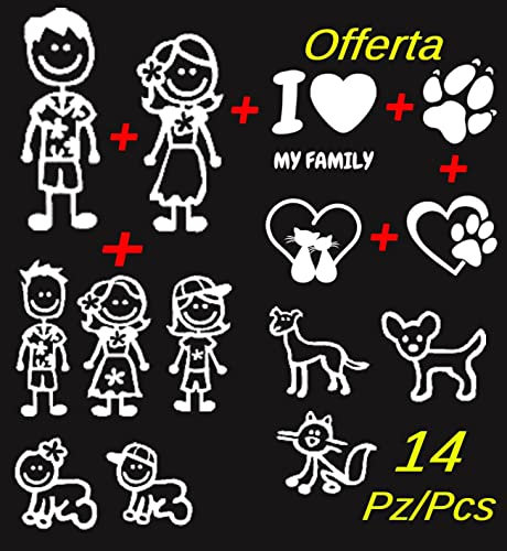 Nuovo kit personaggi adesivi famiglia a bordo stickers per vetri auto colore BIANCO adatti anche da attaccare alla carrozzeria (Kit Famiglia C)