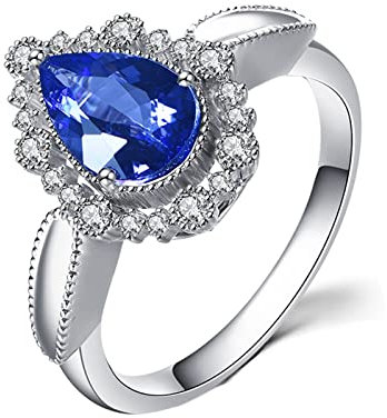 Daesar Ring Damen Weißgold 750, Eheringe 0.97ct Tropfen Tansanit, Verlobungsringe Nickelfrei mit Diamant Ring Größe 47 (15.0)