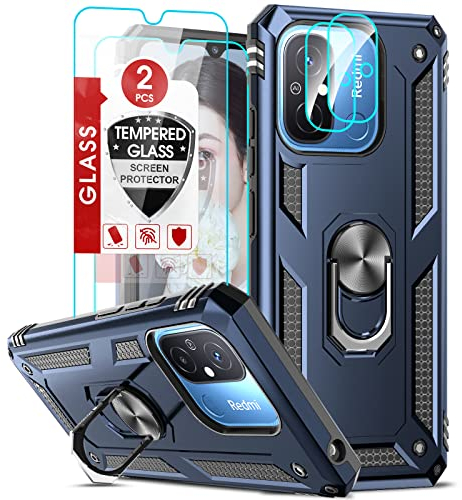 LeYi Handyhülle für Xiaomi Redmi 12 C Hülle & 2 Schutzfolie 2 Objektivschutz, Militärschutz Stoßfest Robust Cover Halter Metallständer Bumper Handy für Redmi 12C Schutzhülle Blau