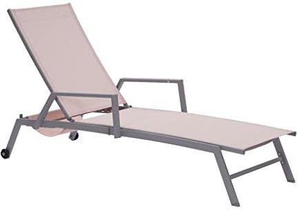 FP-TECH LETTINO PRENDISOLE SDRAIO DA GIARDINO PIEGHEVOLE PISCINA DESIGN SCHIENALE REGOLABILE PORTAGIORNALI, 197X72X35/99 CM (Struttura Grigia - Tessuto Beige Taupe)