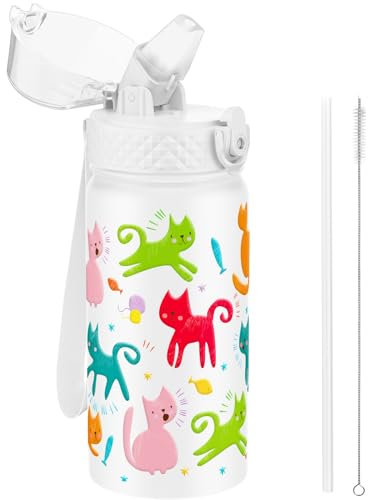 GOPPUS 420ml/14oz Kids Insulated Water Bottle with Straw Cute Double Wall Stainless Steel Child's Small Flask Vacuum Insulated Steel Metal Leak Proof Drink Flask Boys Toddler Girls Bottles BPA-Free