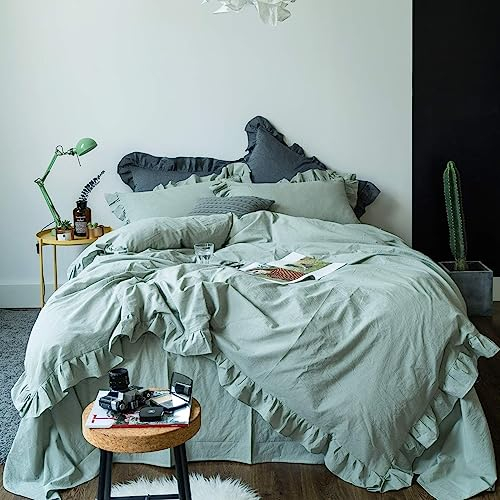 Lanqinglv 2er Pack Kissenbezug Kissenbezüge 40 x 80 cm Grün Salbeigrün mit Rüschen Uni Weiche Mikrofaser Kopfkissenbezug 40x80 Kissenhülle Doppelpack