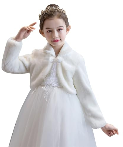 Momooda Niña Cárdigan Chaquetas de Capa de Bolero de Manga Larga de Piel Sintética con Flores para Boda, 13-15 años, Avorio