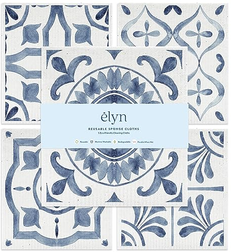 ELYN Swedish Dishcloths, Reusable & Washable Sponge Cloths, Absorbent Cleaning Paper Towels for Kitchen, Dishes, Counters and More, 5 Pack, Assorted Moroccan Pattern