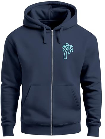 Neverless® Sweatjacke mit Kapuze Herren Print Palme Line Art Motiv Hoodie-Zipjacke Männer Fashion Streetstyle Navy-Tuerkis 4XL
