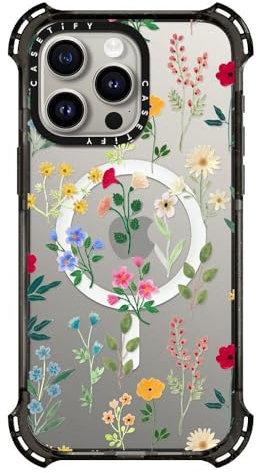 CASETiFY Bounce Case for iPhone 15 Pro Max [6X Military Grade Drop Tested / 21.3ft Drop Protection/Compatible with Magsafe] - Spring Botanicals 2 - Clear Black