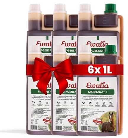 NEU! EWALIA Magensaft II - Spezial-Ergänzungsfuttermittel für Pferde bei Stress & Turnieraufregung - Unterstützung für empfindliche Mägen, mit Tierärzten entwickelt, 100% Natur pur, 6x1 Liter