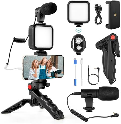 Kalofaye Vlogging Kit for iPhone, Android (With Tripod), with Mini LED Video Light + Cardioid Microphone + Phone Clip + Tripod for Live Broadcasting, Video Calling, Vlogging, YouTube, Instagram TikTok