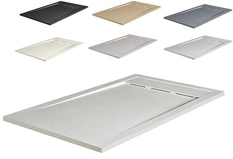 NEBADOON | Plato de Ducha de Modelo Venecia – Plato Ducha Resina con Textura Pizarra - Antideslizante y Antibacteriano – Blanco (RAL 9003) 70x150 cm – Incluye Válvula Desagüe y Rejilla