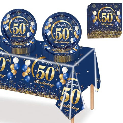 MORAINJAY 37Pcs Birthday Tableware Set for 50,Navy Blue Gold Tableware Set for 50th Birthday Party with Plates,Napkins,Tablecloth,Dinnerware Set for 50,Party Supplies Table Decor for Him,Men,Adults