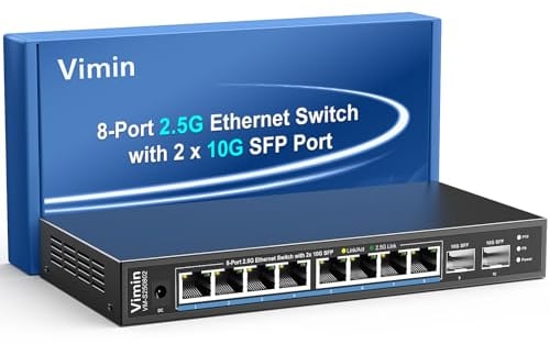 10-Port 2,5G Unmanaged Netzwerk Switch, Vimin 8X 2,5Gbase-T Ethernet Ports, 2X 10G SFP+Switch, 80Gbps Switching Kapazität, Metallgehäuse, Geeignet für 2,5Gbps NAS, Wireless AP & PC, Plug and Play