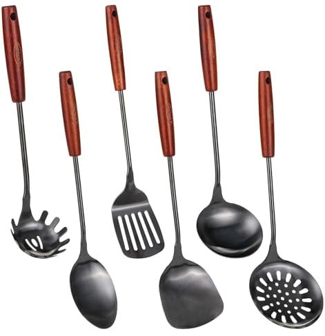 FJNATINH Wok Trowel and Spatula Set, Slotted Spatula, Rice Spoon, Stainless Steel Kitchen Utensils, Dishwasher Safe, 36.2-38.1 cm, 6 Pieces